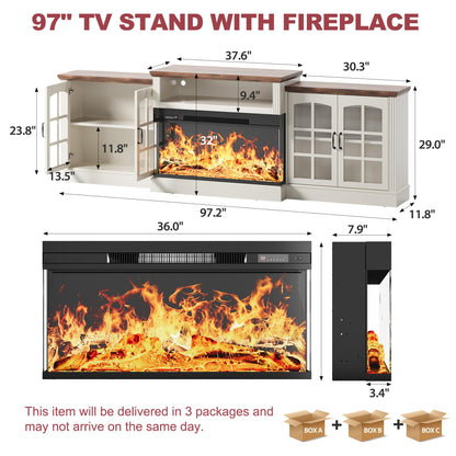 OneBlis 97" Fireplace TV Stand with 36" Electric Fireplace, Farmhouse Entertainment Center for TVs up to 100", Media Console Table with Large Storage Cabinets, for Living Room, White