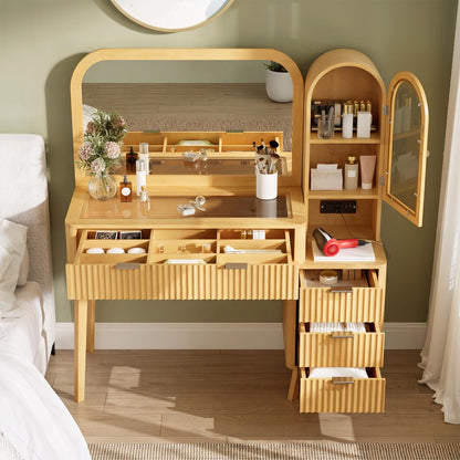 48" Fluted Makeup Vanity Desk with Large 32" Mirror, Modern Glass Top Vanity Table with 4 Drawers & Side Cabinet, Built-In Charging Station, Dressing Table Set for Bedroom, Natural Wood Finish