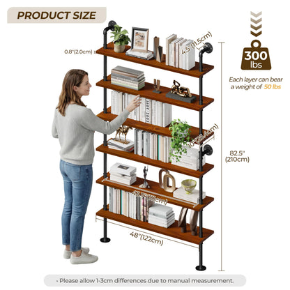 Anynice 6-Tier Ladder Shelf with Warm LED Light Strip, Solid Pine Wood Wall Mounted Bookshelf in Walnut Brown, 48-Inch Industrial Pipe Bookcase for Living Room, Bedroom, Home Office