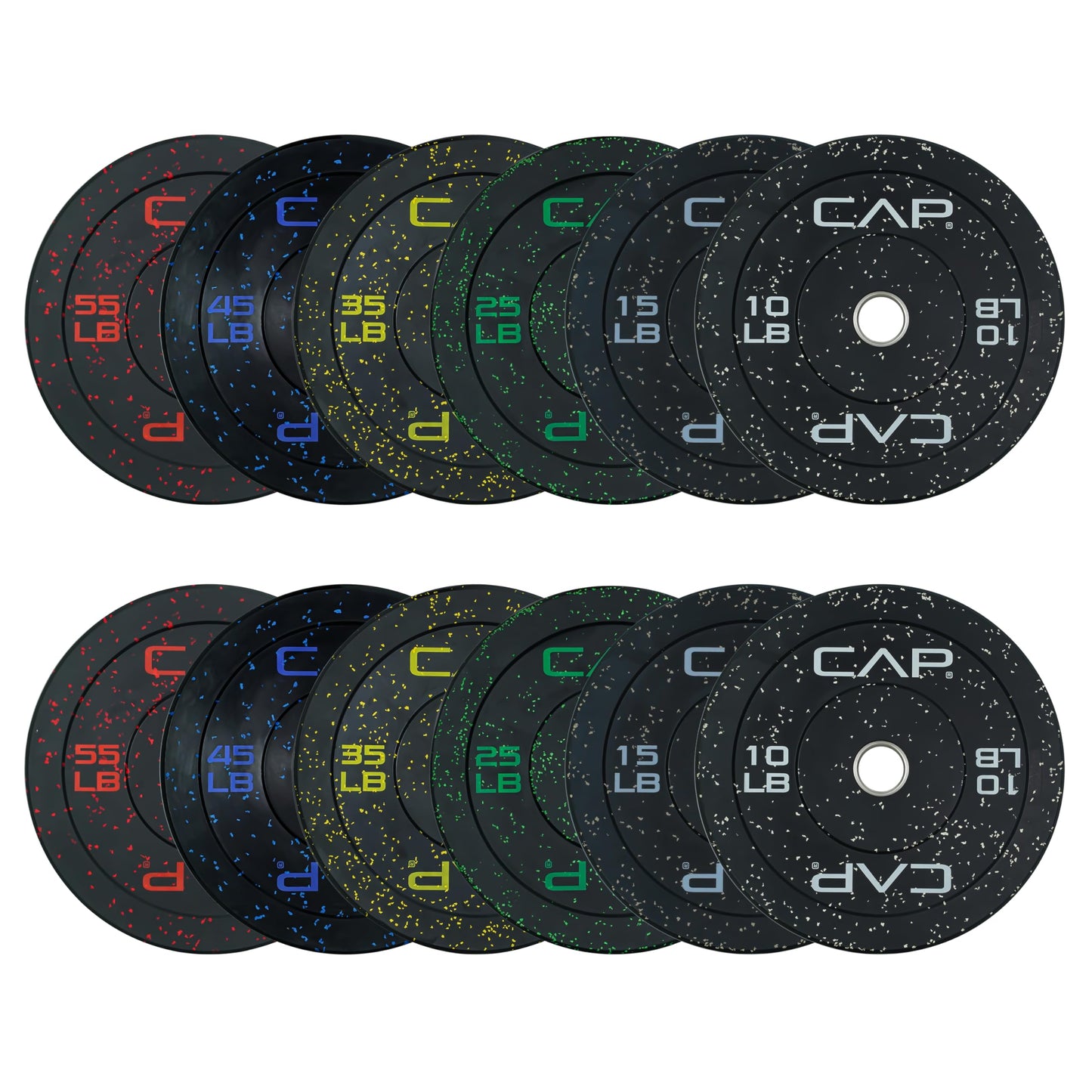CAP Barbell Economy - Speckled Olympic Bumper Plate Set with Color Logo, Black, 370 lbs Set