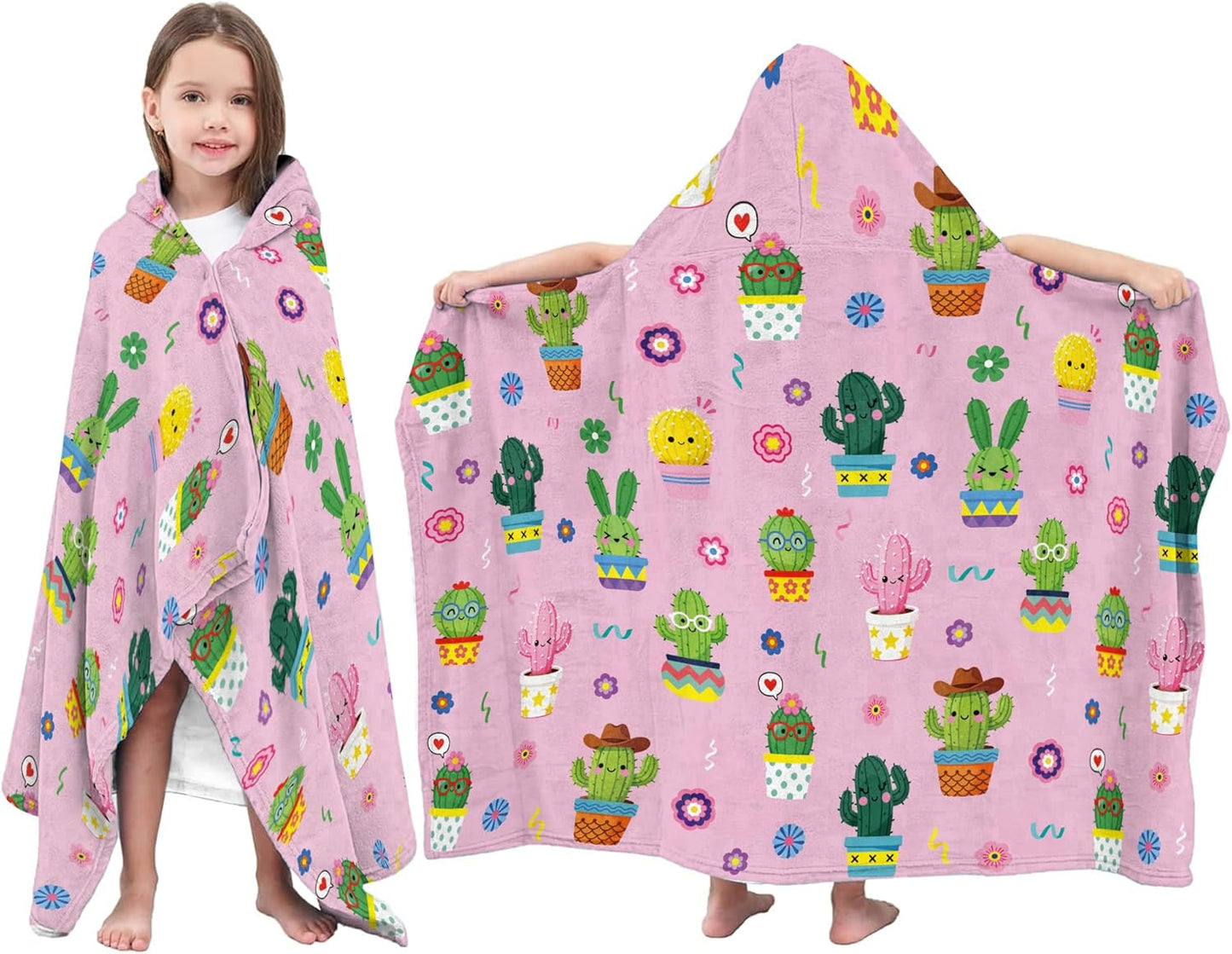 JOPJOLIW 30" 50", Cactus Hooded Towel for Kids x Cute Dancing Cactus Print Blanket, Soft Flannel Blanket Wearable Bath