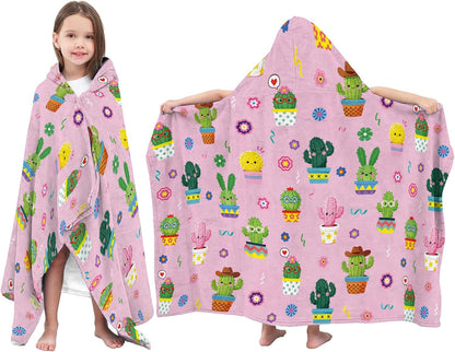 JOPJOLIW 30" 50", Cactus Hooded Towel for Kids x Cute Dancing Cactus Print Blanket, Soft Flannel Blanket Wearable Bath