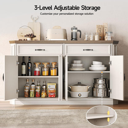 ONBRILL 55" Sideboard Buffet Cabinet with 2 Storage Drawers & 4 Doors, Modern Kitchen Sideboards and Buffets with Adjustable Shelves, Wood Coffee Bar Cabinet for Living Room, Entryway, Off-White