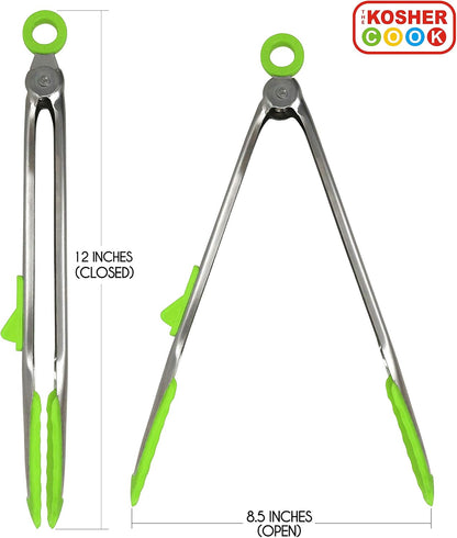 Parve Green Locking Kitchen Tongs, 12” Heavy Duty Multipurpose Tool, Stainless Steel with Non-Stick Tips