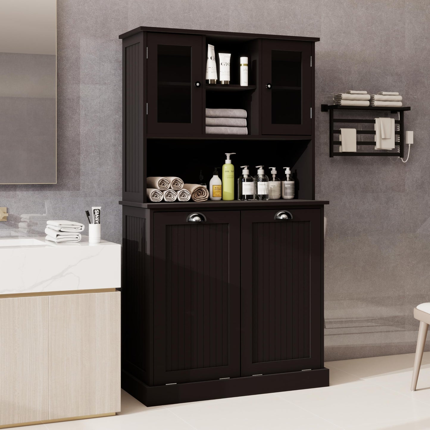 Sang Seiyoga Tilt Out Laundry Hamper Cabinet, Double Compartment Sorter Tall Organizer with 2 Adjustable Shelves & Top Shelf, Space Efficient for Bathroom/Dorm, Easy Clean Interior Black