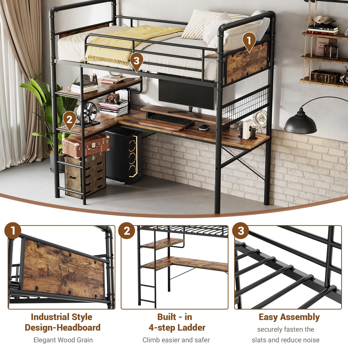 IDEALHOUSE Loft Bed Twin Size with l-Shaped Desk, Metal Bunk Bed with 2 Open Shelves and Decorative Mesh, Twin Loft Bed with 13.4" h Safety Guard & Ladder,No Box Spring Needed,Brown