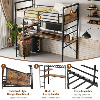 IDEALHOUSE Loft Bed Twin Size with l-Shaped Desk, Metal Bunk Bed with 2 Open Shelves and Decorative Mesh, Twin Loft Bed with 13.4" h Safety Guard & Ladder,No Box Spring Needed,Brown