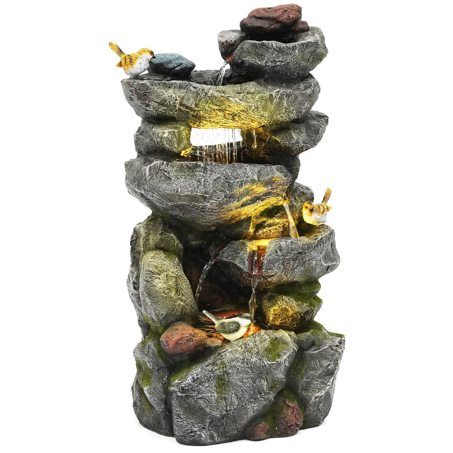 Ultym 31.5" Multi-Tier Rock Outdoor Water Fountain with LED Lights, Cascading Waterfall with Birds for Garden Patio Porch, Weather-Resistant Resin Water Feature for Tranquil Oasis