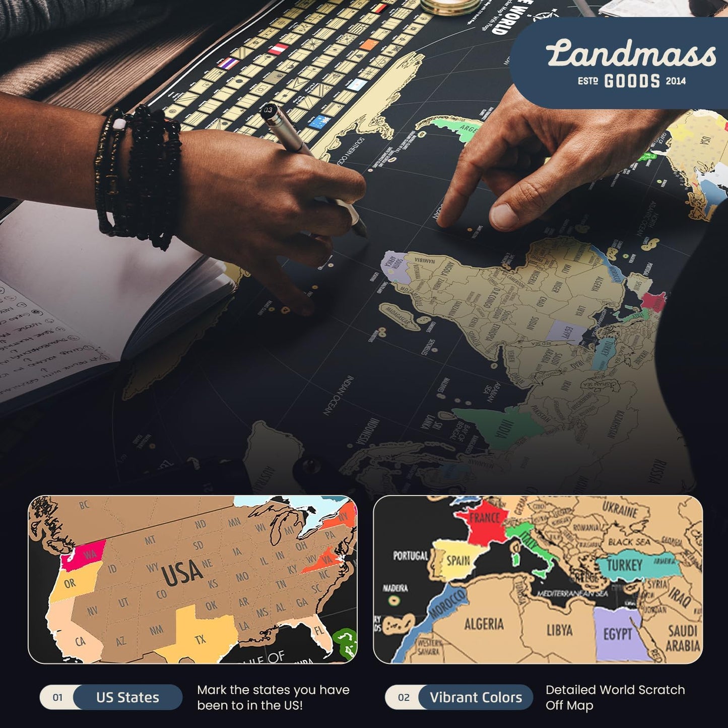 Landmass Scratch Off World Map, Deluxe Travel Tracker with Flags, 17x24 Inches Wall Art for Home or Office