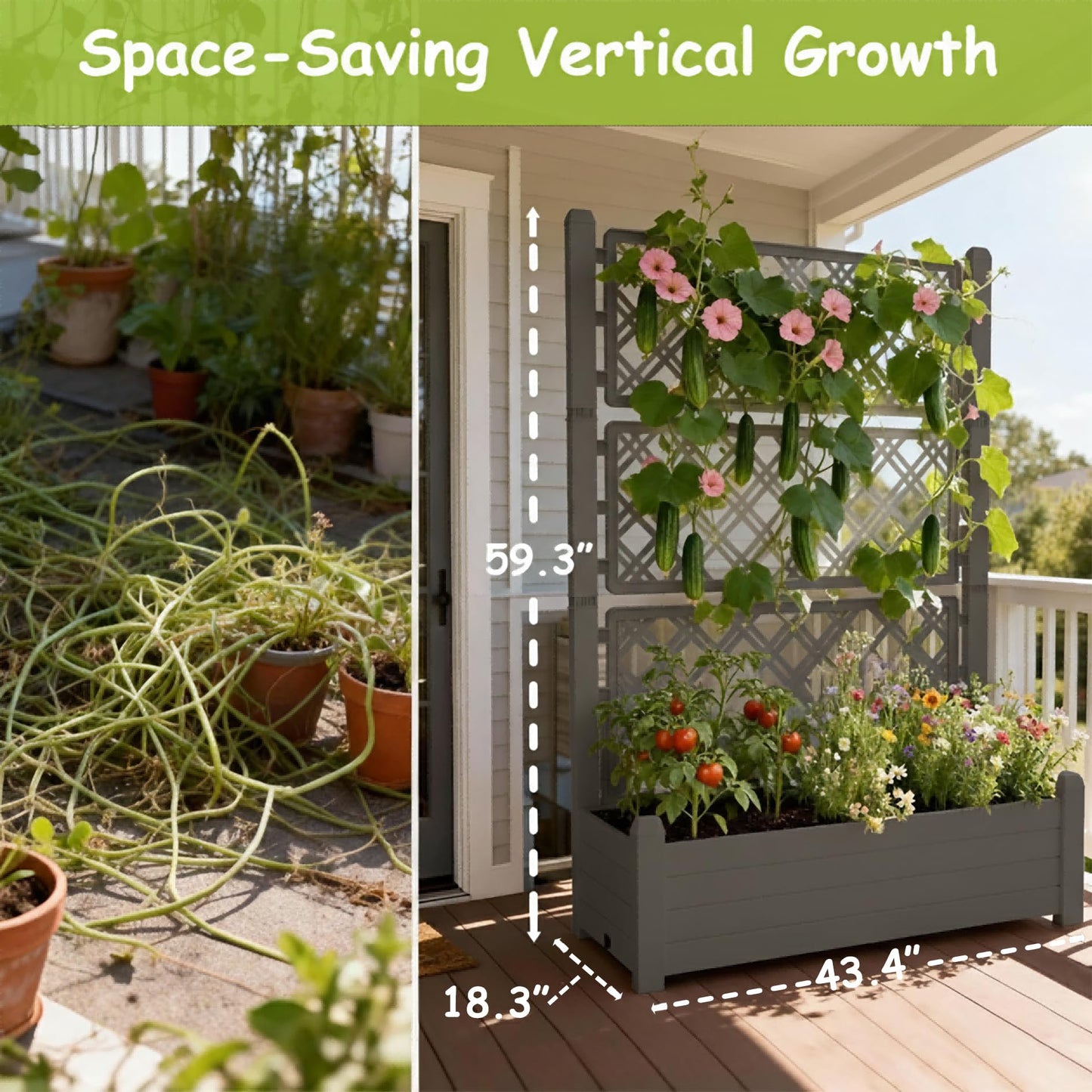 Tramull 5.' Tall Raised Garden Bed with Trellis, Self Watering Planter Box for Outdoor Climbing Plants Resin Garden Lattice for Vegetables, Flowers, Tomato & Vine with Drainage Holes (Coffee, 2 Pack)
