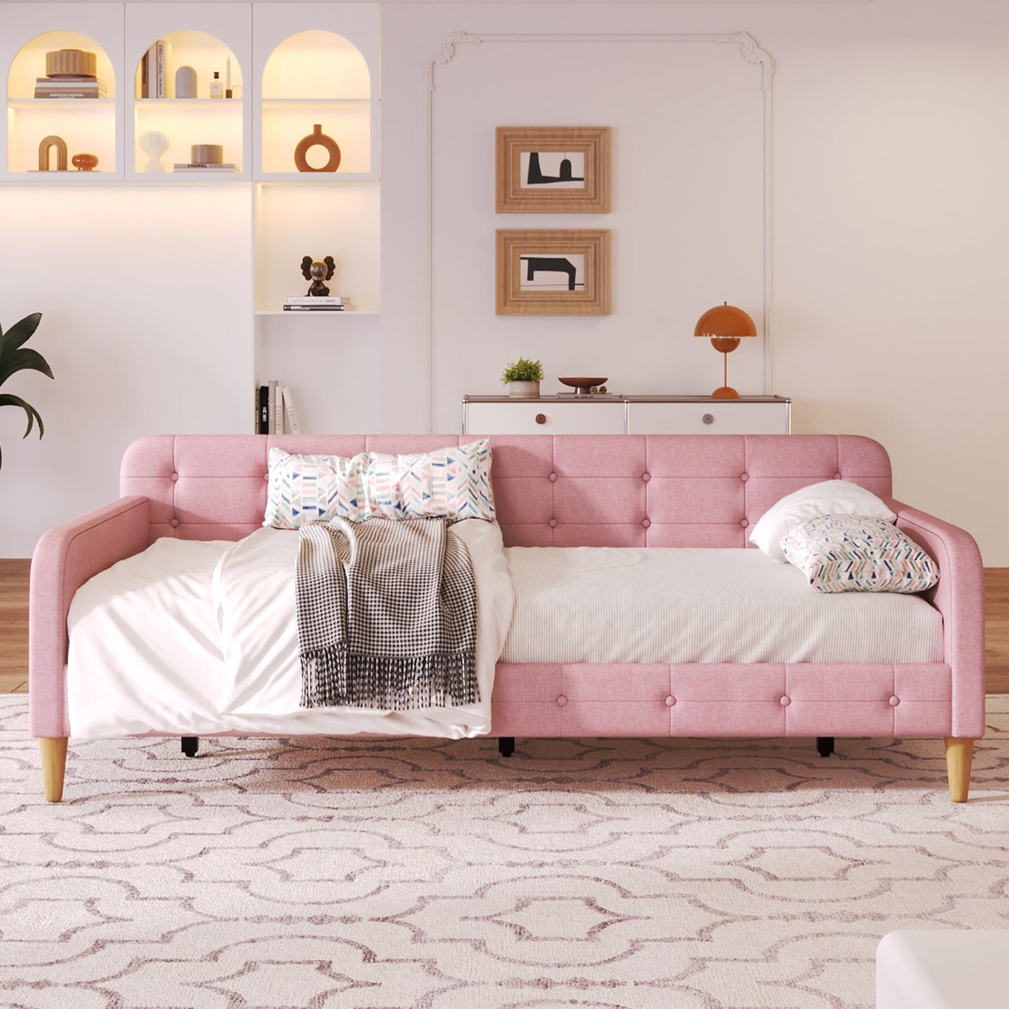 Ball & Cast Twin Size Daybed,Upholstered Day Bed Frame with 4 Wood Legs,Button Tufted Sofa Bed for Living Room,Apartment,No Box Spring Needed,Pink