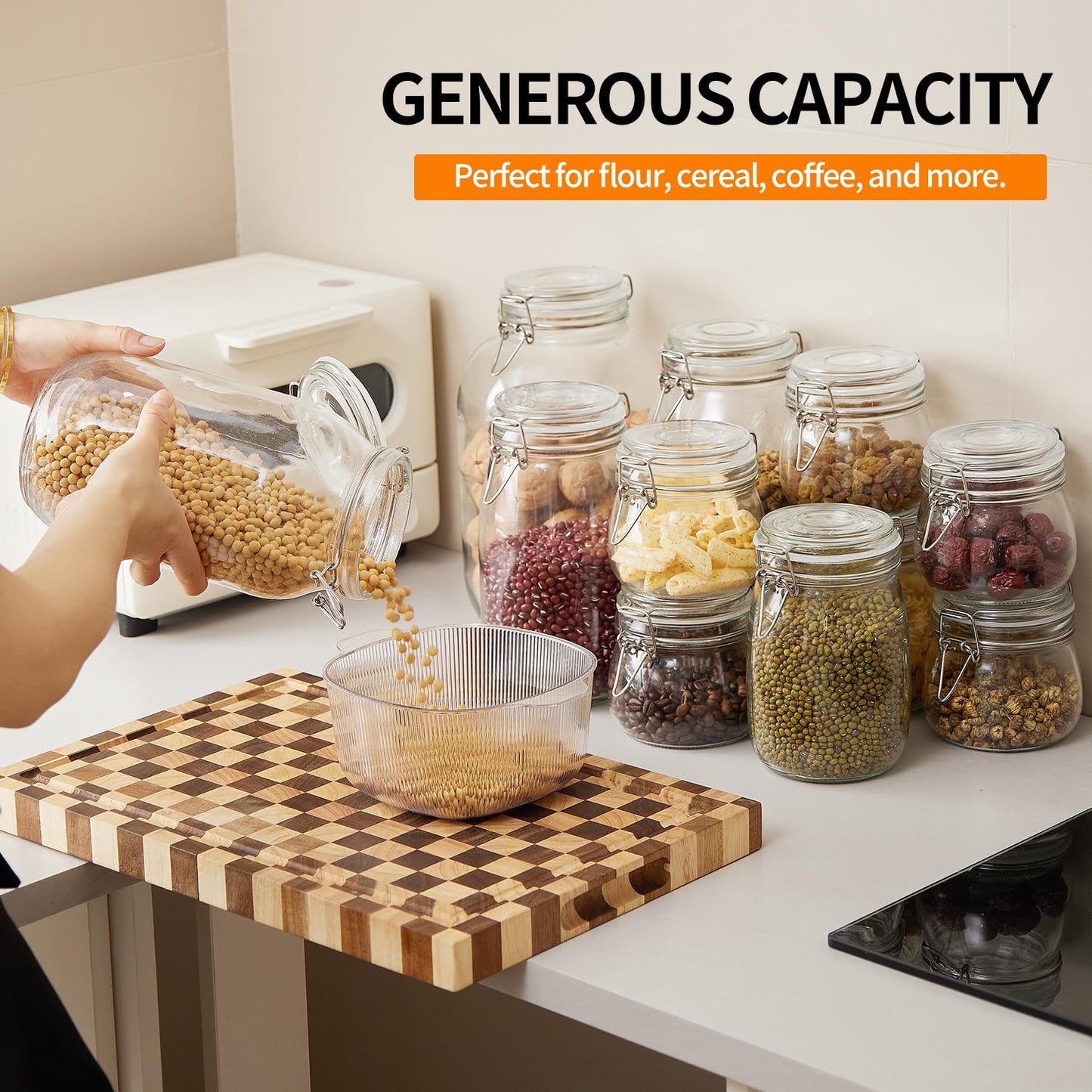 4 Pack 34oz Food Storage Jars with Airtight Lids, Preserving Seal Wire Clip Fastening Glass Containers, Canisters for Kitchen Organization, Flour, Cereal, Pasta, Sugar, Beans, Pickling Jars(34 Oz*4)
