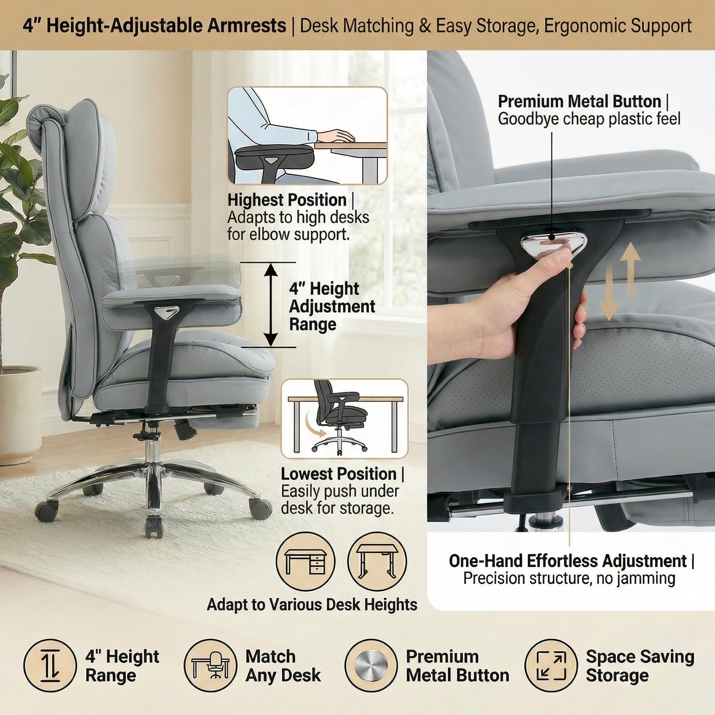 ATMILD Big and Tall Office Chair, 400lbs Heavy Duty Wide Seat Executive Chair with Footrest, High Back Leather Computer Desk Chair for Home Office (Grey)