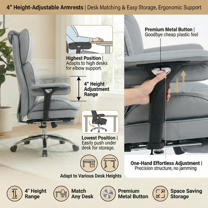 ATMILD Big and Tall Office Chair, 400lbs Heavy Duty Wide Seat Executive Chair with Footrest, High Back Leather Computer Desk Chair for Home Office (Grey)