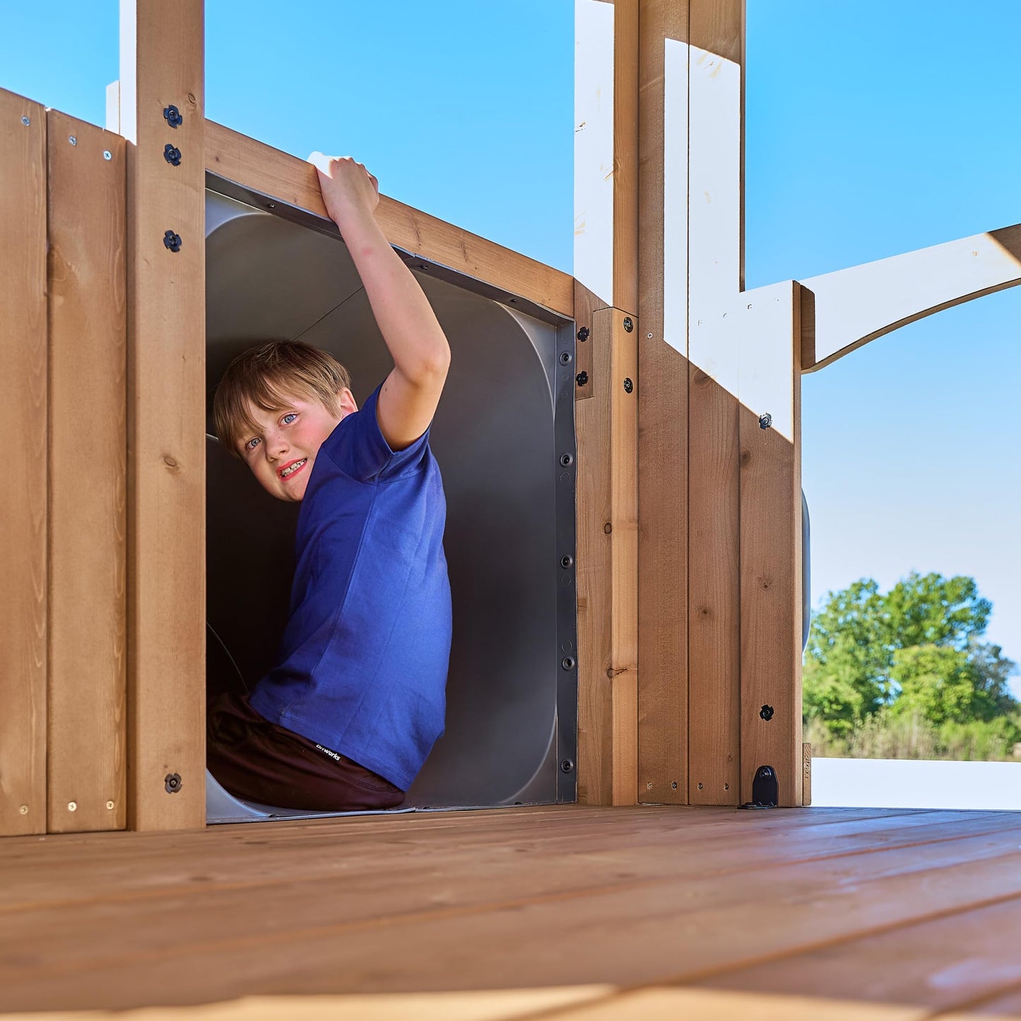 Backyard Discovery Dover Bay Spruce Wood Swing Set with Spiral Tube Slide, Wave Slide, Clubhouse, Rock Wall, Belt Swings, Step Ladder, Toy Telescope, Chalkboard, Outdoor Playset