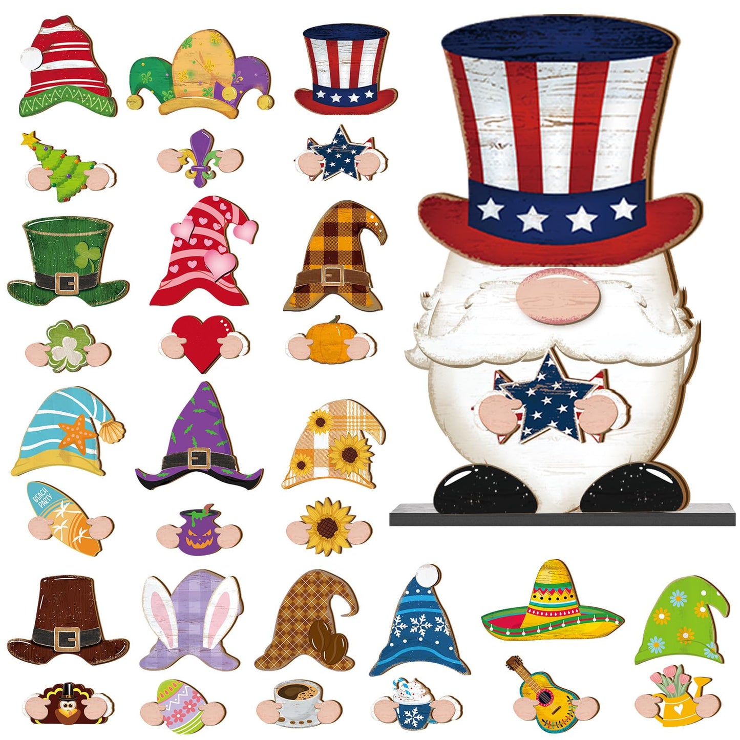 Blulu 32 Pcs Interchangeable Wooden Gnome Decor Summer 4th of July Patriotic Gnomes Welcome Sign Holiday Seasonal Tiered Tray Decor with Magnet Pieces for Gifts Decorations (Bright)