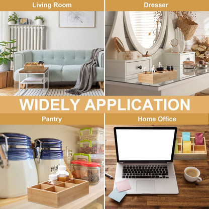 Maitys 4 Pcs Bamboo Divided Storage Organizer Bamboo Container with 6 Compartments Food Storage Bin Wooden Tea Drawer Box Bin Holder Case for Snacks Tea Bags Coffee Sugar