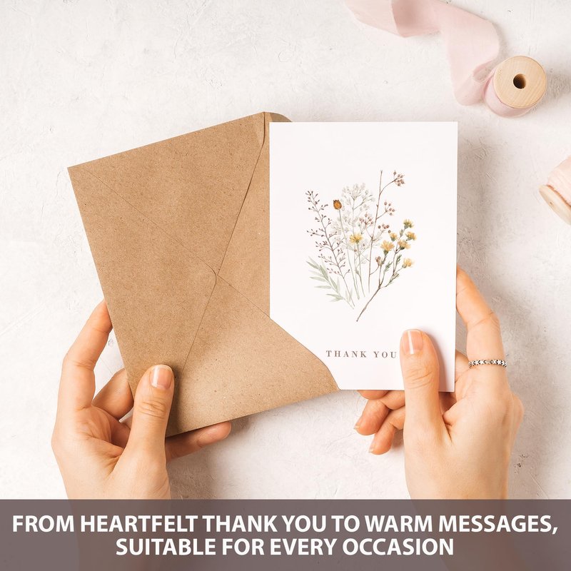 AUDREE Wildflower Thank You Cards with Envelopes (50 Pack 3.5" x 5.2") – Floral Thank You Notes with Adhesive Envelopes & Matching Stickers for Weddings, Baby & Bridal Showers