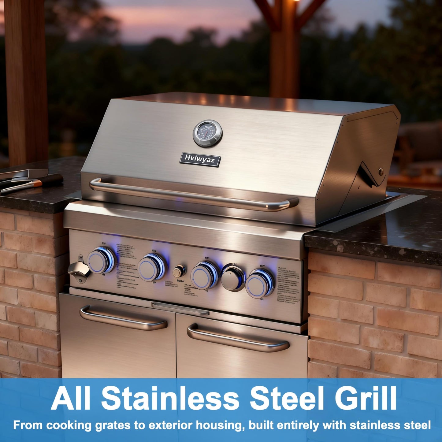 28-inch Built In Gas Grill Outdoor, 4Burner Propane Grill with Rear Burner 48,000BTU, Built-in BBQ Grill Stainless Steel, Charcoal and Propane Gas Dual Fuel, with Rain Cover for Outdoor Kitchen Island