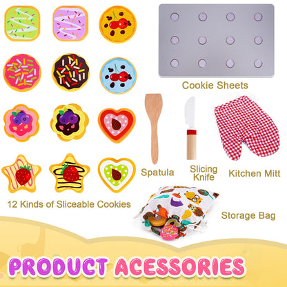 Slice and Bake Wooden Cookie Play Food Set for Kids Kitchen - Toy Food Accessories - Kids Pretend Cookies and Baking Sheet, Toy Baking Set for 3+ Year Old Boys Girls Birthday Gifts