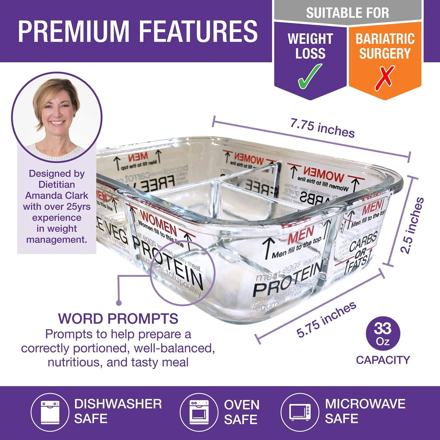 Portion Perfection Portion Control Containers - Glass Oven Ready, Freezer Safe Meal Prep Containers Reusable for Food 3pk, 3 Compartment with Lids, Practical Weight Control Products