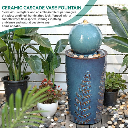 Autodaya 29.5" H Ceramic Sphere Water Fountain with LED Lights, Modern Nature-Inspired Design, Teal Blue Glaze with Leaf Patterns & Pebbles, Soothing Trickling Water Feature for Patio, Yard and Garden