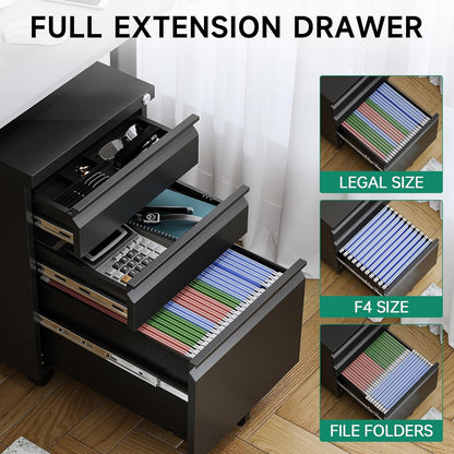 Oasecrilio 3 Drawer Filing Cabinet, Mobile Filing Cabinet for Home Office, Locking File Cabinets for A4/Letter/Legal Size File Folders, Fully Assembled, Matte Black