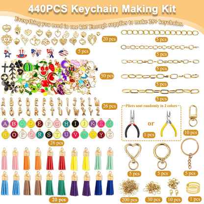 LOIKMIUP 440Pcs Keychain Making Kit, DIY Craft Supplies with Charms, Keychain Tassels, Keychain Clip Hooks, Jump Rings, Key Rings, Extender Chains & Tools for DIY Crafting