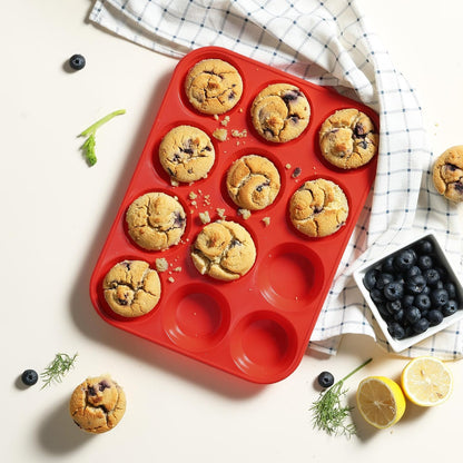 Skiennix Silicone Muffin Pan - 12-Cup Nonstick Baking Molds with Metal Reinforced Frame | Regular Size