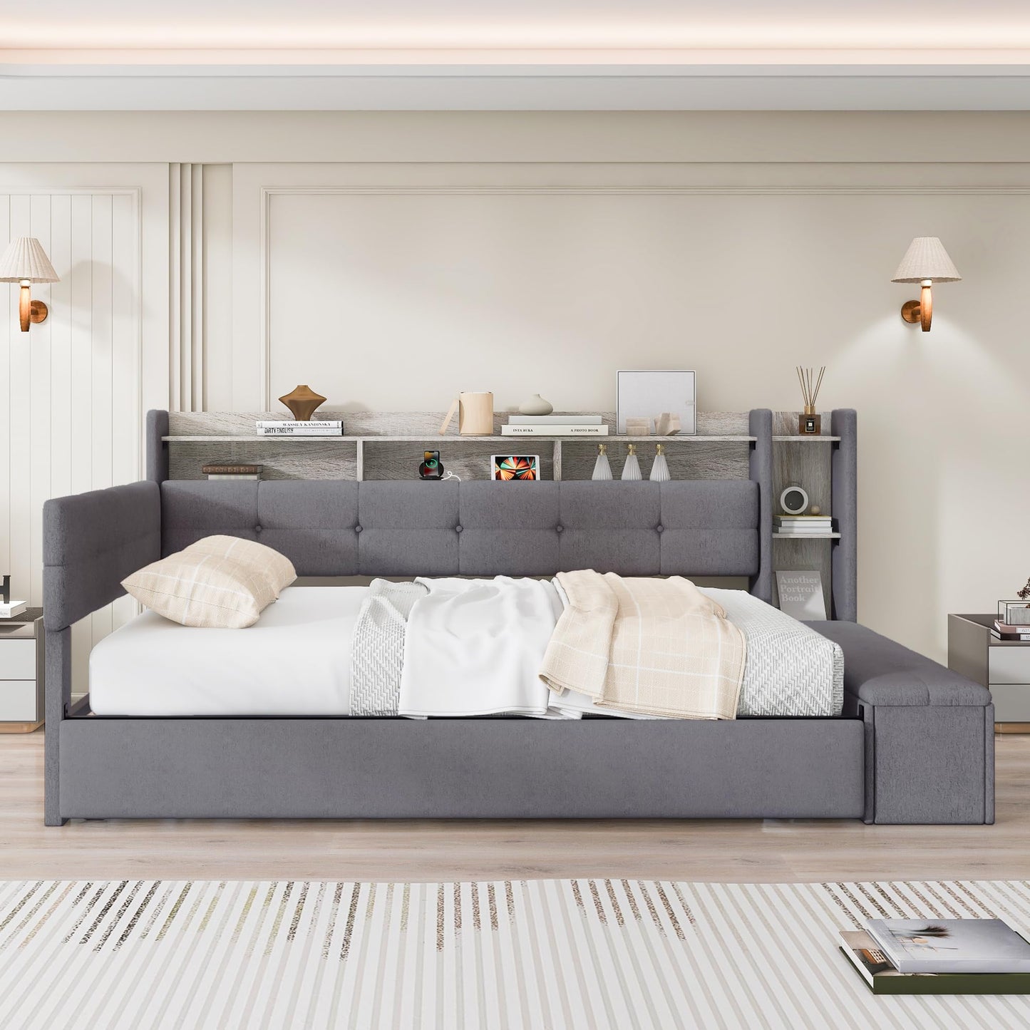 Merax Full Size Upholstered Daybed with Trundle and Storage Drawer, Headboard with Light, Shelves, USB Charging Station, Multi-Functional Bed for Guest Room, Living Room, No Box Spring Needed, Gray
