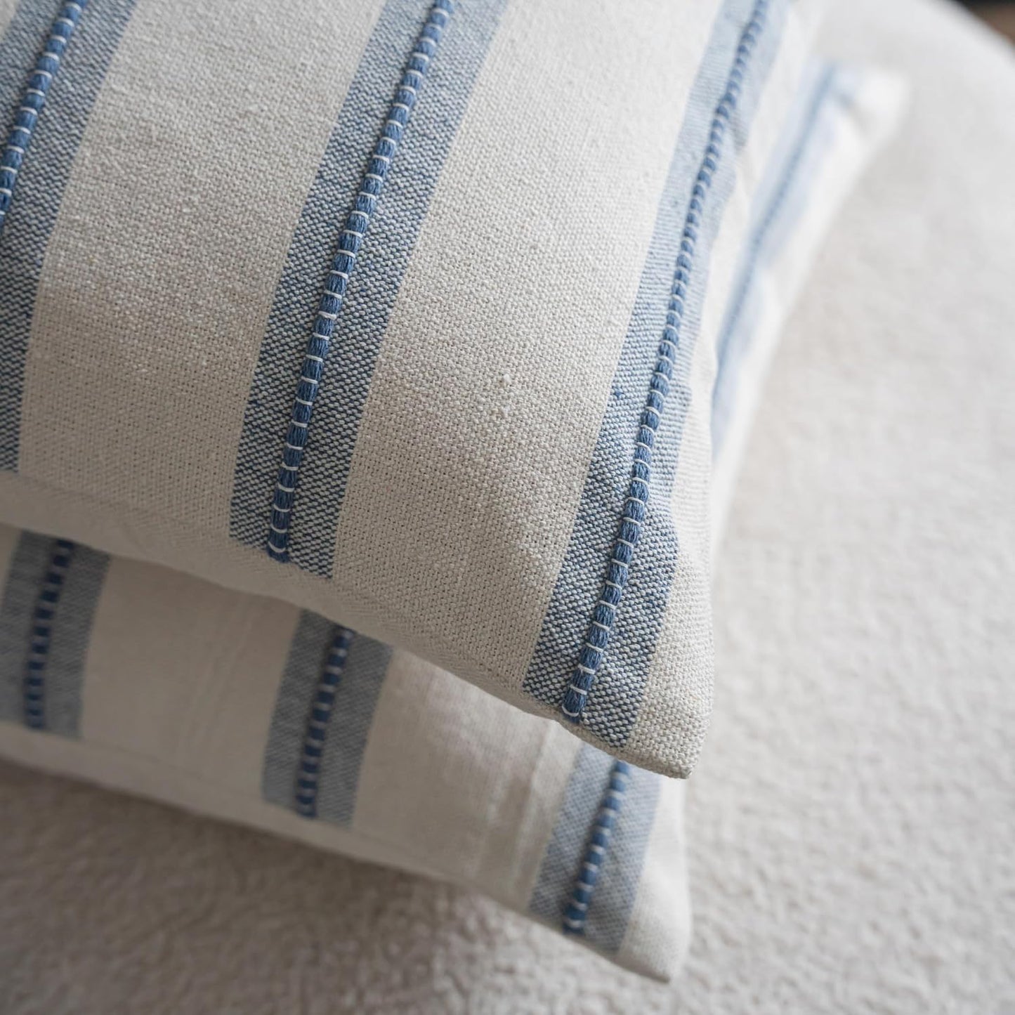 18x18 Set 2, Cethom Boho Throw Pillow Covers of Beige and Blue Striped Decorative Pillow Cases for Couch Chair Bed
