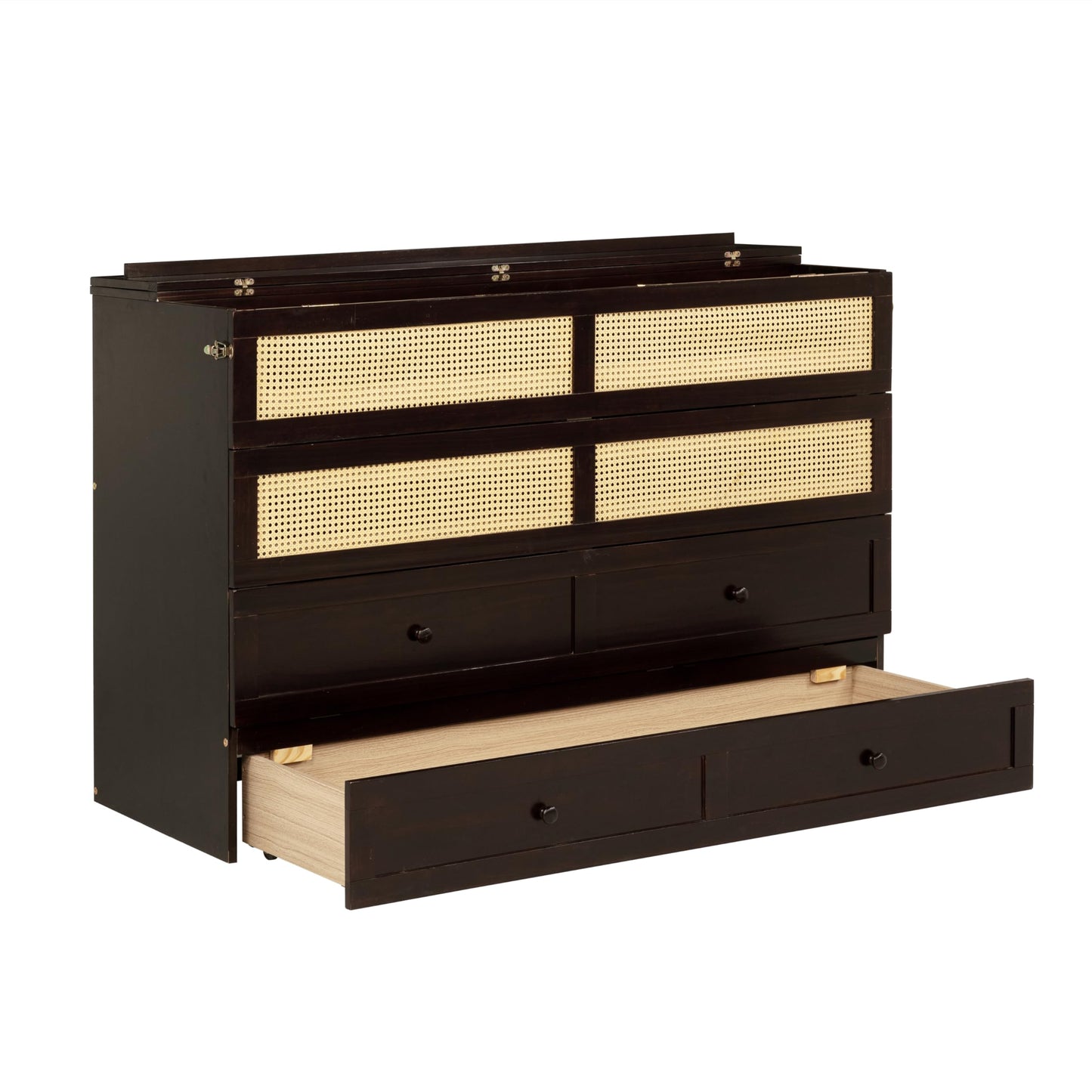 Ball & Cast Hideaway Cabinet Bed Queen Size,Wood Rattan Murphy Bedframe with Storage Drawer,Wall Platform can be Folded up,Space-Efficient Design,for Apartment,Bedroom,Espresso