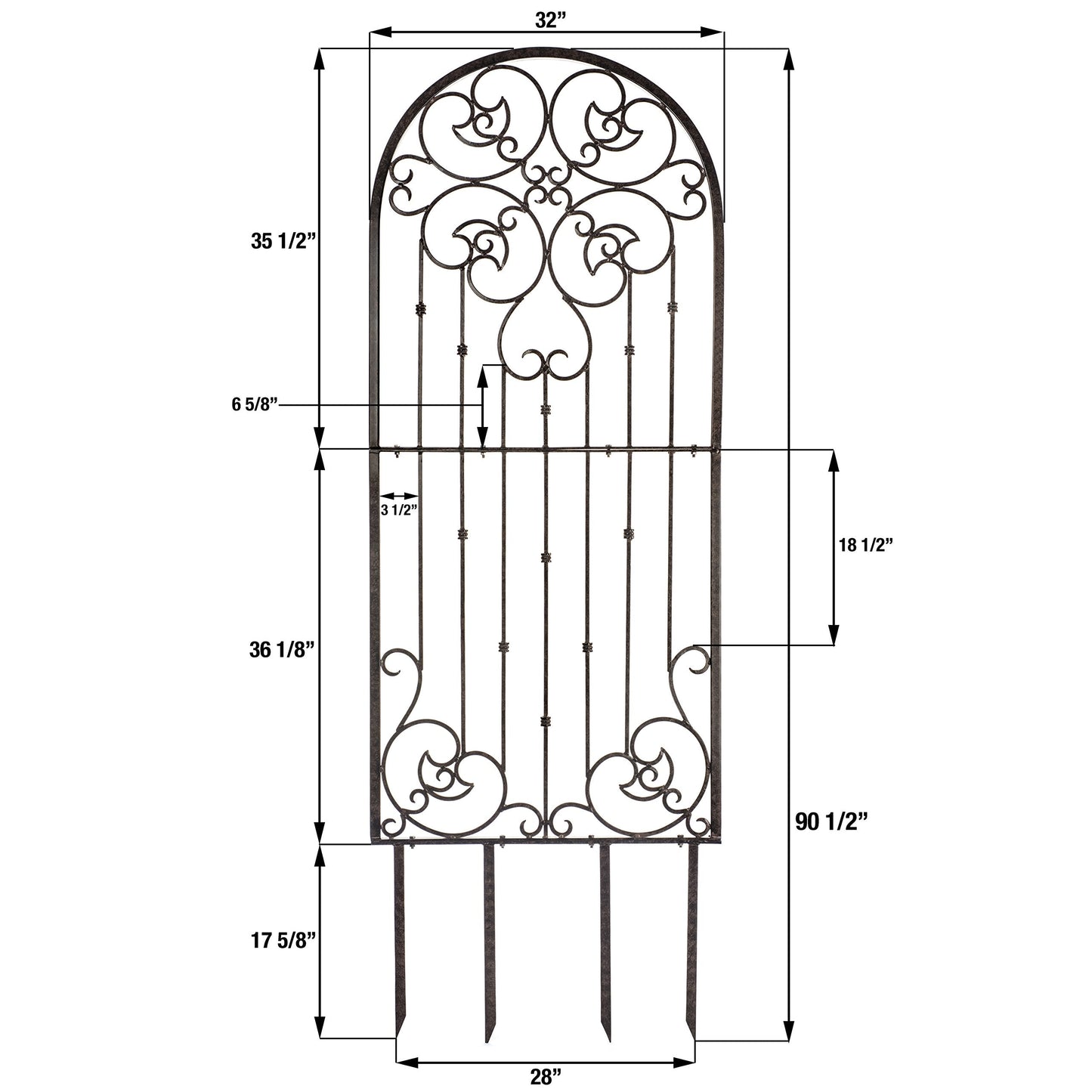 H Potter 72” Heavy Duty Garden Trellis – 60 lb Solid Iron Scrollwork Panel, 1” Metal Frame with Ground & Stabilizing Stakes (Charcoal Brown)