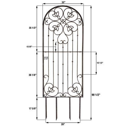 H Potter 72” Heavy Duty Garden Trellis – 60 lb Solid Iron Scrollwork Panel, 1” Metal Frame with Ground & Stabilizing Stakes (Charcoal Brown)