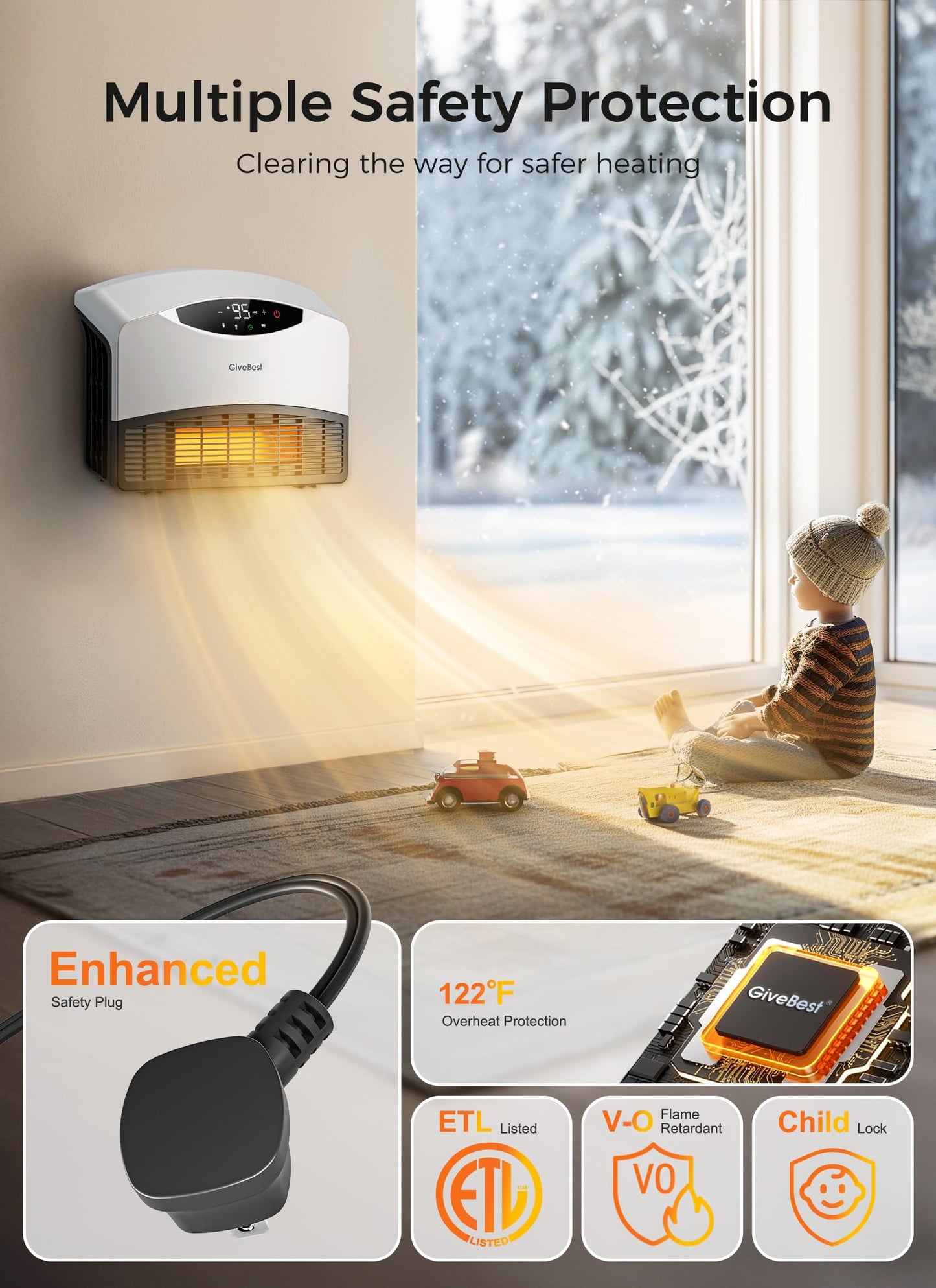 GiveBest Electric Wall Heater with WiFi and Remote Control, Floor or Wall Mounted Heater, Large Room Coverage, 3 Heating Modes, 1500W Fast Heating Space with Thermostat for Indoor Room Use