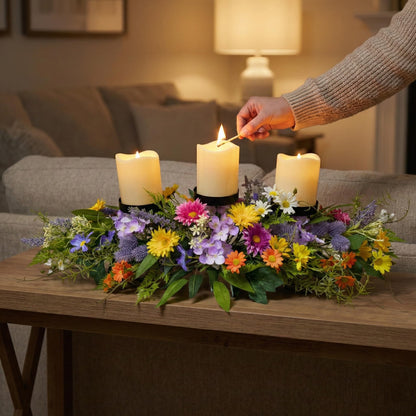 Lnymura 26 Inch Spring Summer Centerpiece with 3 Candle Holders Floral Table Centerpiece with Daisies and Wildflowers for Dining Table Mantel Wall and Farmhouse Table Decoration