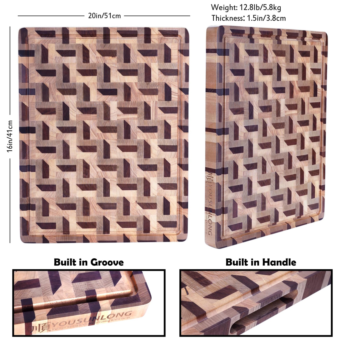 YOUSUNLONG 3D Zigzag Pattern End Grain Cutting Board - Walnut & Maple Reversible Butcher Block 20"L x 16"W x 1.5"Th with Juice Groove - Serving Block Tray for Brisket,Meat,Cheese,Charcuterie