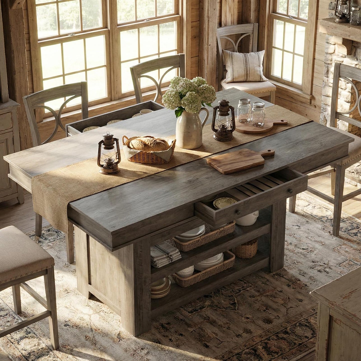 GAOMON 60" Counter Height Dining Table for 4, Farmhouse Rectangular Bar Height Kitchen Table & Thick Table Top, with Deepened Wine Rack & Shelves for Kitchen, Bar,Retro Gray