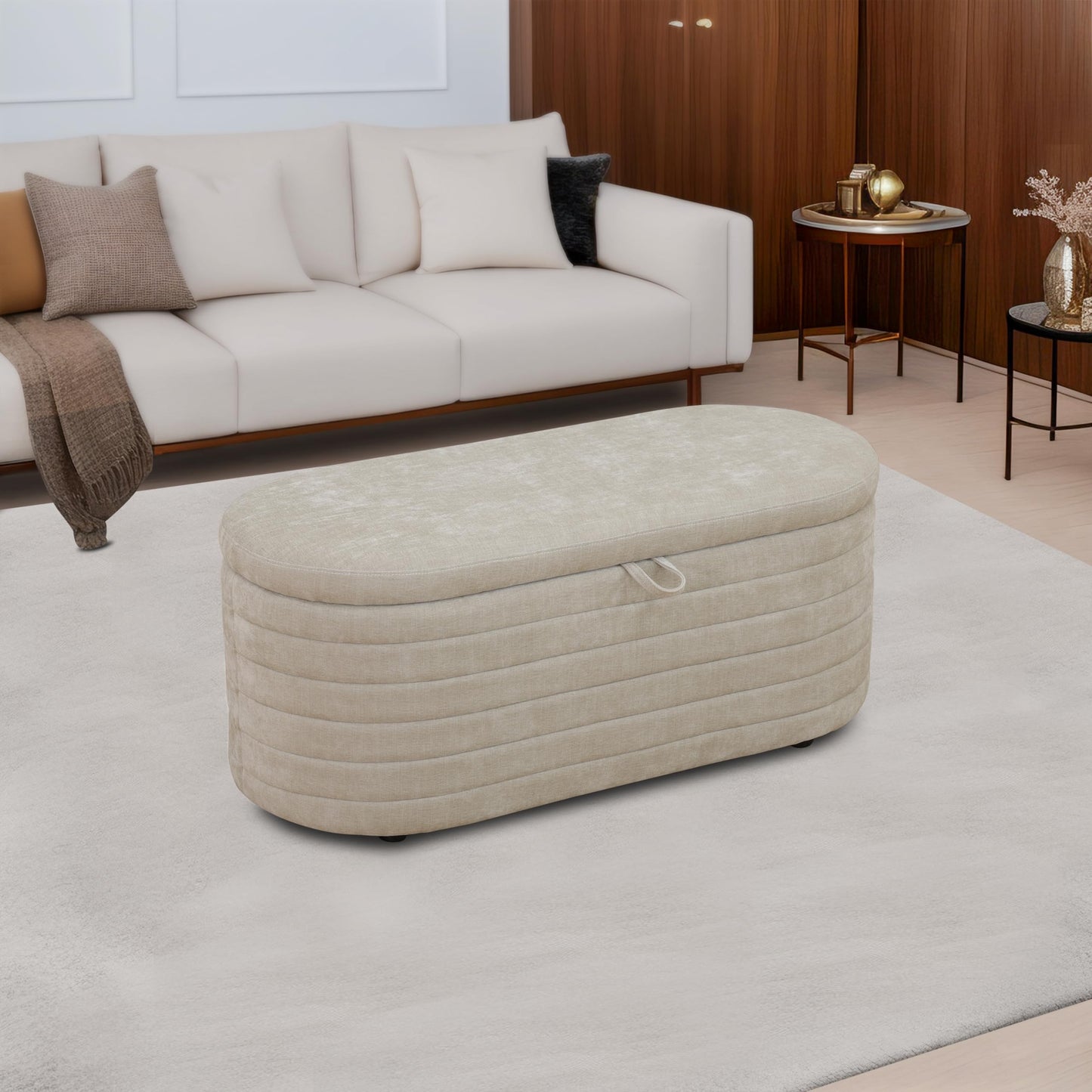 UOCFYK Storage Ottoman Bench 44 Inch Sackcloth Fabric Upholstered Storage Bench for Bedroom End of Bed Large Oval Storage Ottoman for Living Room Entryway, Aesthetic (Light Tan)
