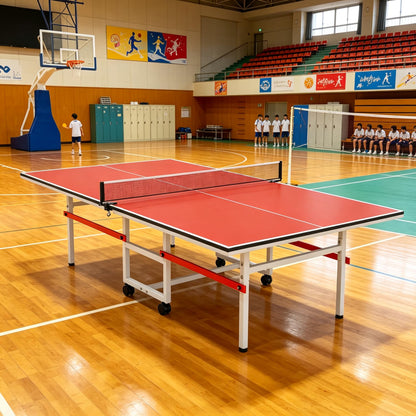 8FT Table Tennis Table with Net, Indoor/Outdoor Professional Ping Pong Table for Kids Adults, Folding Ping Pong Table, Complete Set with Paddles and Balls, School Playground Game Table (Red)