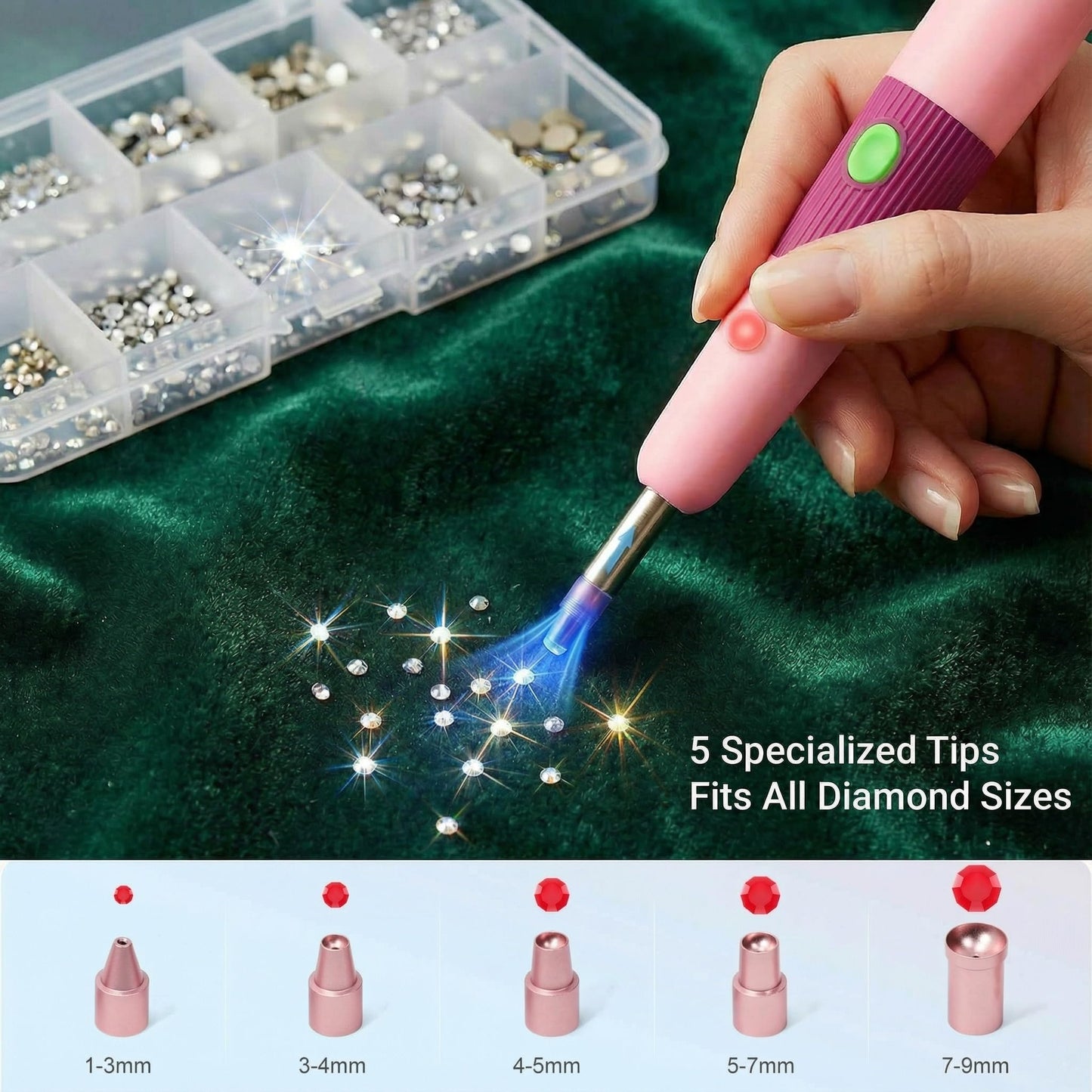 PP OPOUNT Hotfix Rhinestone Setter - Bedazzler Kit with Rhinestones for Clothes, Crafts, Shoes & T-Shirts, DIY Bedazzling Kit with 5 Different Tip Sizes, Stand, Glove, Cleaning Brush, Tray (Pink)