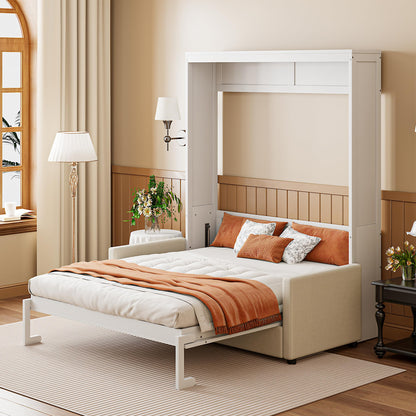 Ball & Cast Murphy Bed Full Size Wall Bed with Sofa,can be Folded,Multifunctional Wood Hideaway Cabinet Bed Frame,Slat Support,Save Space,for Apartment,Guest Room,White