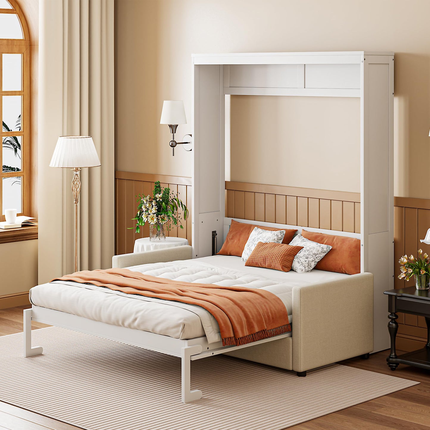 Ball & Cast Murphy Bed Full Size W/ 2 Seat Sofa,Murphy Bed Cabinet W/Cushion,Hideaway Bed W/Support Leg & Handles,for Bedroom Office Guest Room,White