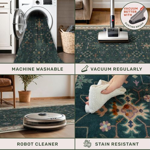 Hazo Haus Dark Green 4x6 Area Rug - Modern Vintage Boho Floral Design, Washable & Non-Slip for Home & Office