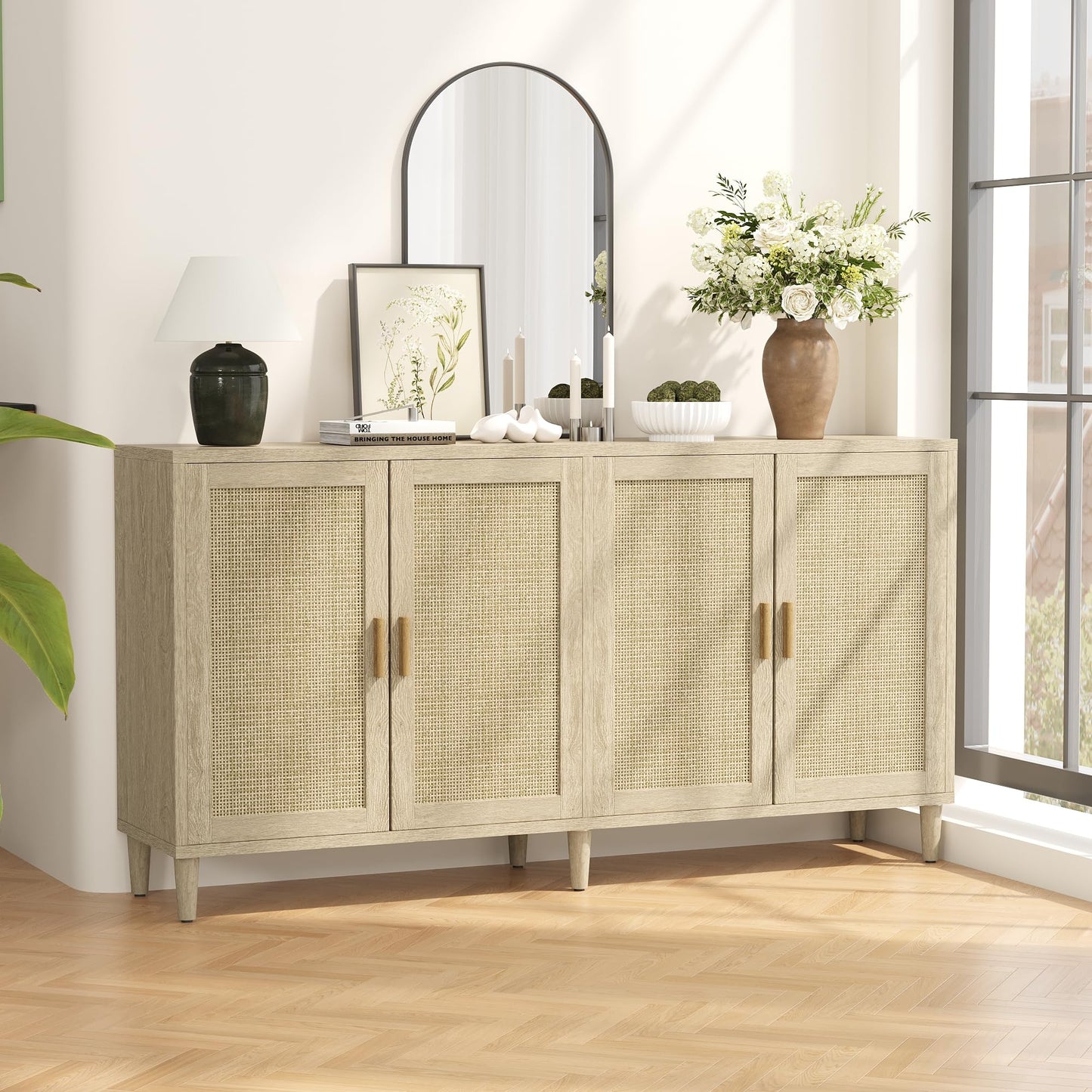 GDFStudio 70.08" Modern 4-Door Sideboard Buffet Cabinet, Rattan MDF Credenza Storage Cabinet with Adjustable Shelves, Bohe Console Table with Solid Wood Legs for Living Room Kitchen Hallway, Natural