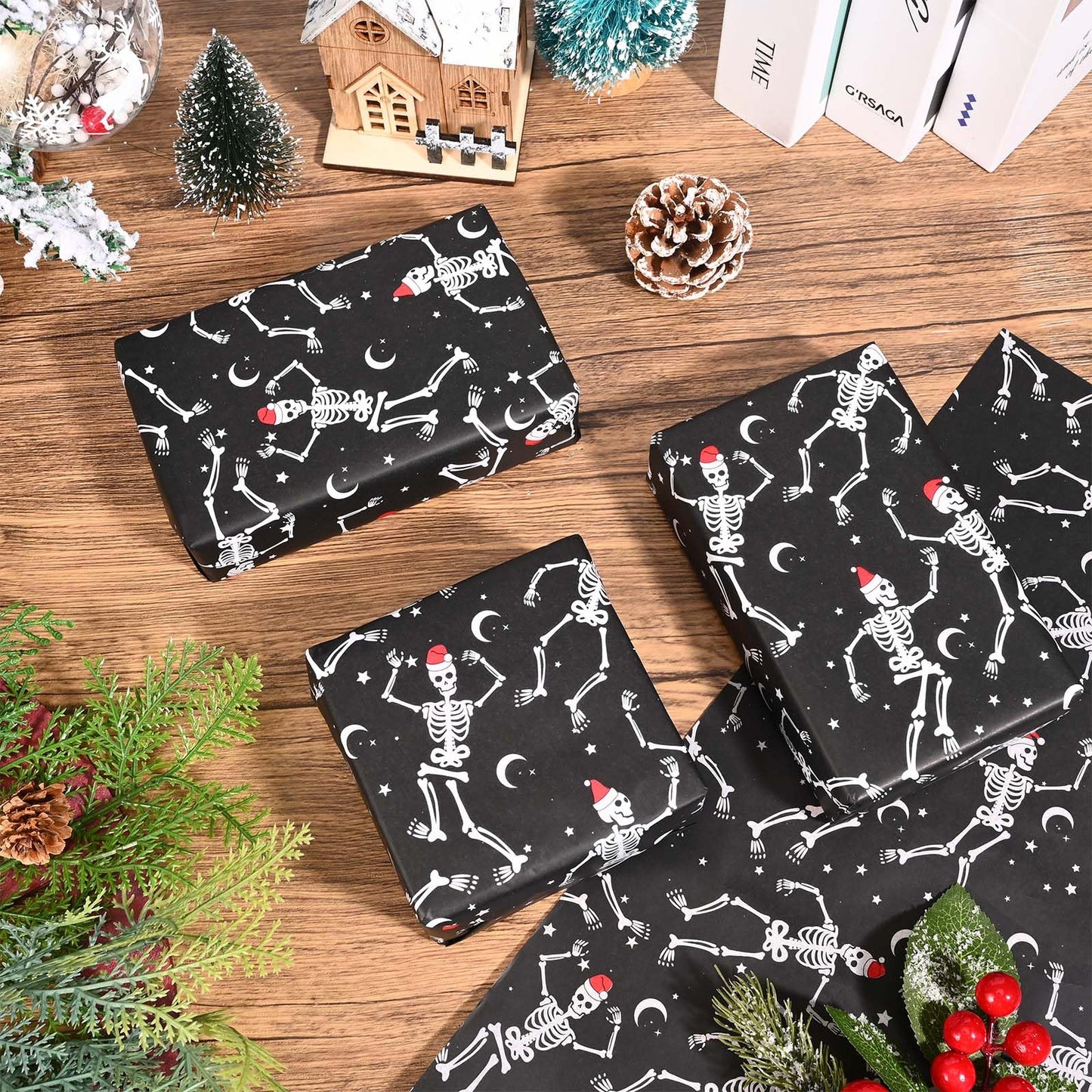 Bolsome 100 Sheets 20 * 14 Inches Christmas Tissue Paper for Gift Bags Black Dancing Skeleton with Santa Hat Printed Tissue Paper Spooky Decorative Tissue for Xmas Party Winter Holidays DIY Crafts