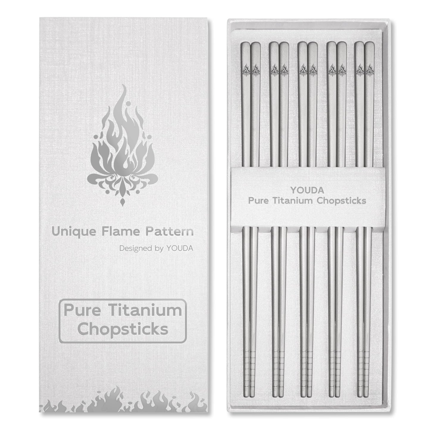 Youda 5 Pairs 99.8% Pure Titanium Chopsticks (9.45") - Extra Long Non-Roll Square Design & Grooved Grip - Lightweight 0.8oz, Flame Pattern - Dishwasher Safe for Asian Cuisine -Gift for Foodies(Silver)