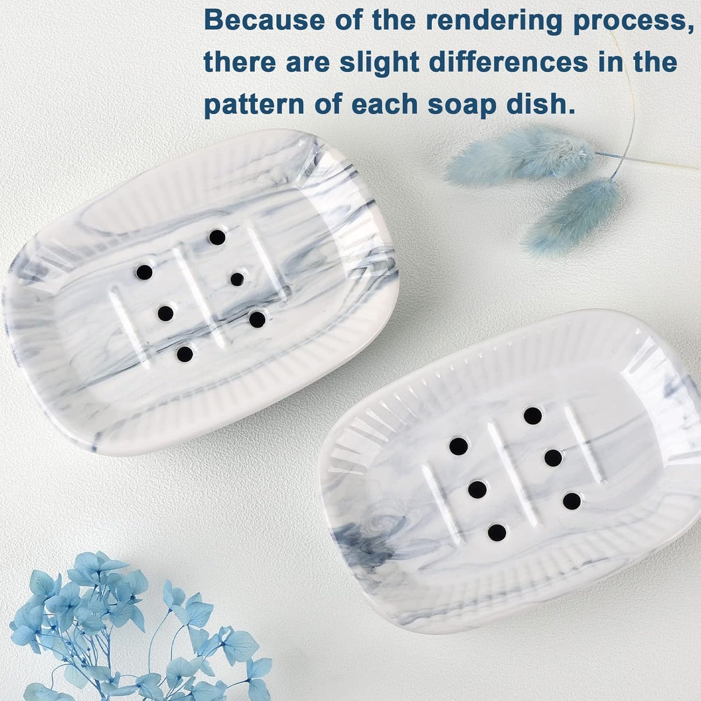 Ceramic Soap Dish, Self-Draining Soap Holder, Double Layer Marble Blue, Easy to Clean
