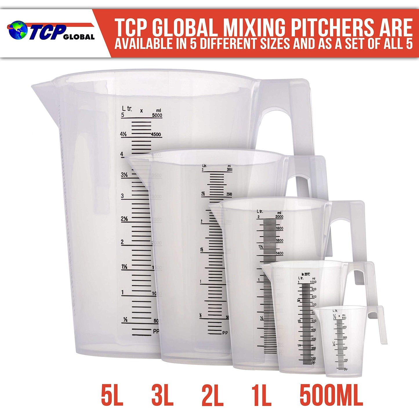TCP Global 5 Liter (5000ml) Gallon Plastic Graduated Measuring and Mixing Pitcher (Pack of 3) - Holds 5 Quarts 1.25 Gallons- Pouring Cup, Measure & Mix Paint, Resin, Epoxy, Kitchen Cooking Baking
