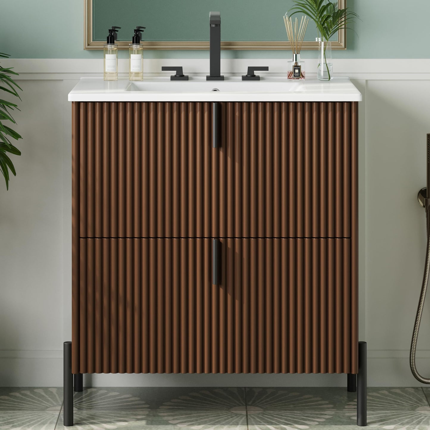 Merax 30" Freestanding Bathroom Vanity with Ceramic Sink, Equipped with Vertical Pulls, Full-Extension Drawers, Soft Close Drawer Slides, Fluted Design, Brown